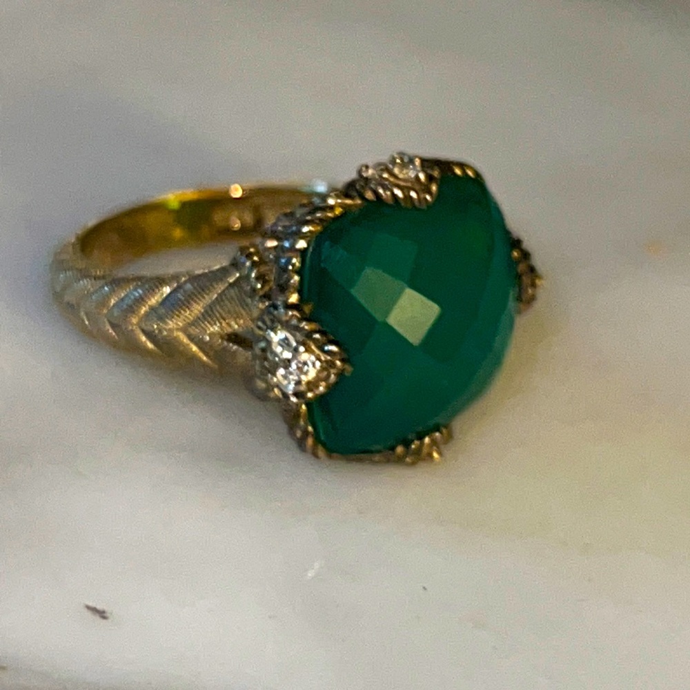 Judith Ripka Emerald Green Gold Plated .925 Sterling Ring Size 11